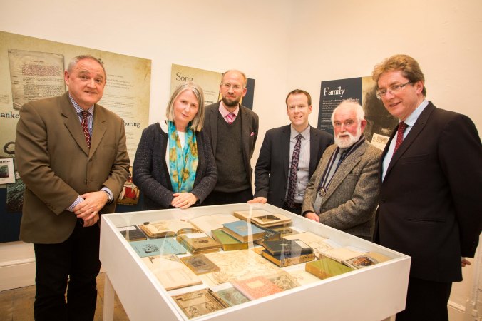 Donal Tinney, Chairperson of The Model, Senator Susan O'Keeffe, Dr Adrian Paterson, NUI Galway, and curator of the exhibition, Barry Houlihan, NUIG, Martin Enright, President of Yeats Society, Sligo, and Dr Jim Browne, President of NUI Galway, viewing some of the Yeats books on display, at the NUI Galway Launch of Yeats & the West Exhibition at The Model, Sligo. Photo: James Connolly 24MAR16